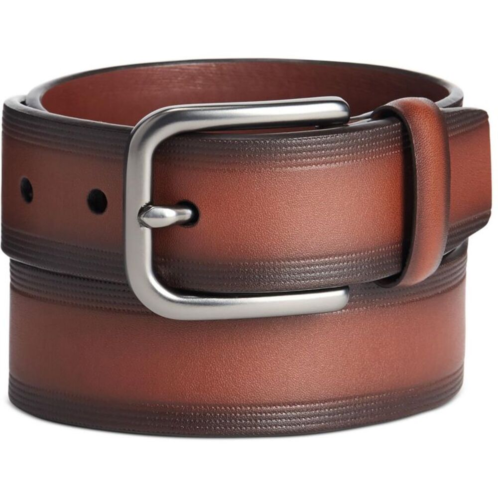 Perry Ellis Portfolio Mens Brown Leather Embossed Buckle Dress Belt NWT